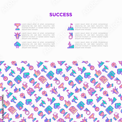 Success concept with thin line icons: trophy, idea, mountain peak, career, bullhorn, strategy, ladder, winner, medal, award, good choice, certificate. Modern vector illustration, web page template.