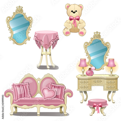 Furniture for interior girl room in pink color isolated on white background. Vector cartoon close-up illustration.