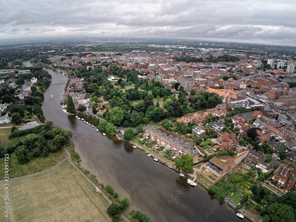 Aerial view on Chester, Grosvenor Park and river Dee
