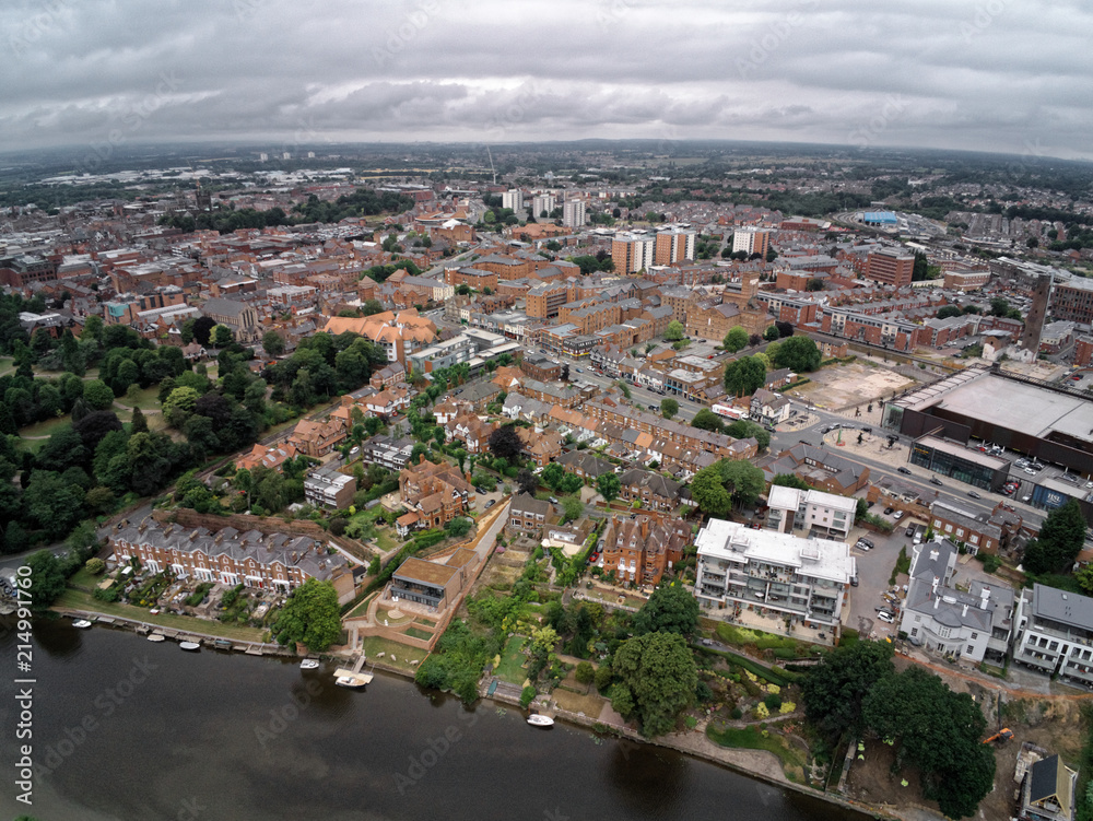 Aerial view on Chester, river, terraced housing and city