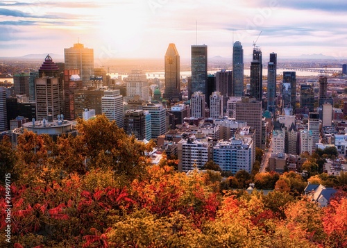 Montreal sunrise with colourful leaves photo