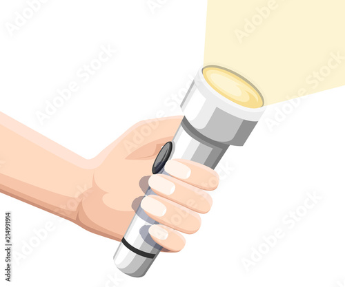 Hand hold white shining flashlight. Metal flashlight with on off button. Flat vector illustration isolated on white background