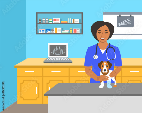 Veterinarian doctor holds dog on examination table in vet clinic. Vector cartoon illustration. Pets health care background. Domestic animals treatment concept. Veterinary professional consultation