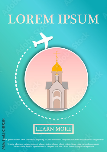 Vector Banner with text Travel card. Concept website template.Modern flat paper art design.Chapel in the name of St. Nicholas the Wonderworker, Novosibirsk.Vector Illustration