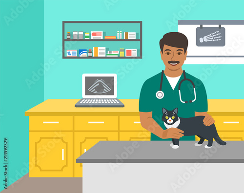 Veterinarian doctor holds dog on examination table in vet clinic. Vector cartoon illustration. Pets health care background. Domestic animals treatment concept. Veterinary professional consultation