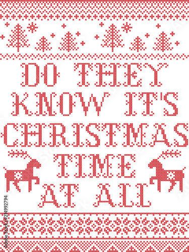 Rudolph the red-nosed reindeer Scandinavian vector seamless pattern inspired by nordic culture festive winter in cross stitch with heart, snowflake, star,  snow, Christmas tree
