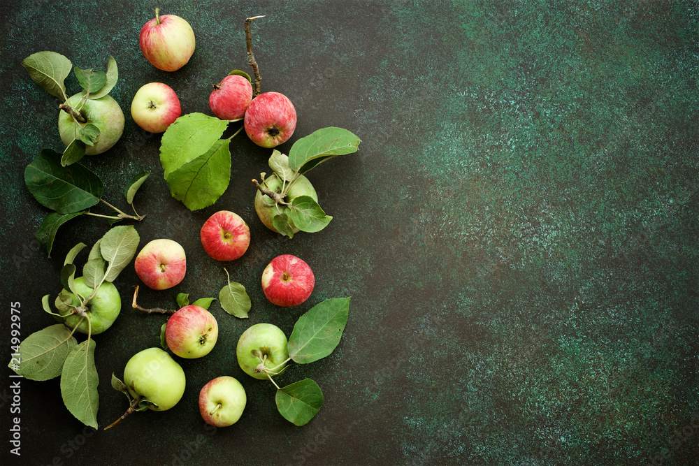 Ripe organic apples on dark green background. Food background, top view. Autumn concept
