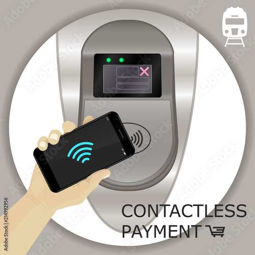 Airport, metro, subway ticket terminal for wireless payments. RFID. Hand holding smartphone for transport payment gate. Contactless.