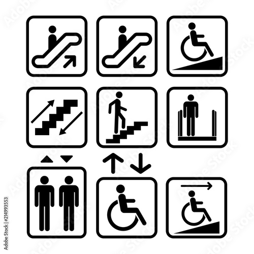 Escalator and Elevator sign. Ramp, Lift signs. Black isolated icons. Staircase sign.