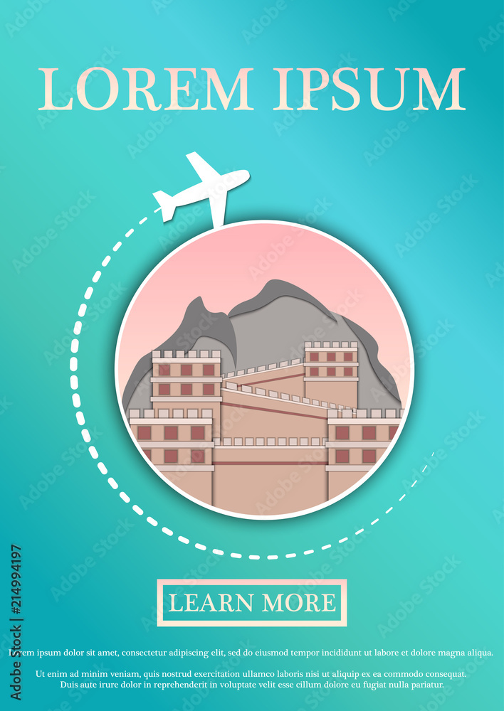 Naklejka premium Vector Banner with text Travel card. Concept website template.Modern flat paper art design.The Great Wall of China.Vector Illustration