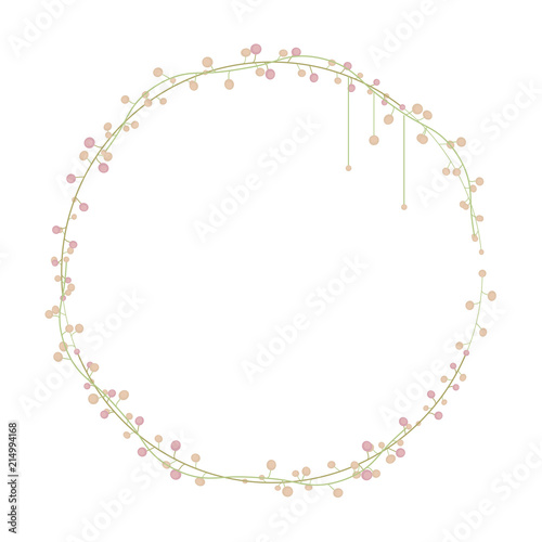Slim intertwined graceful green floral wreath with light peach and pink two-colored balls object isolated on white background.