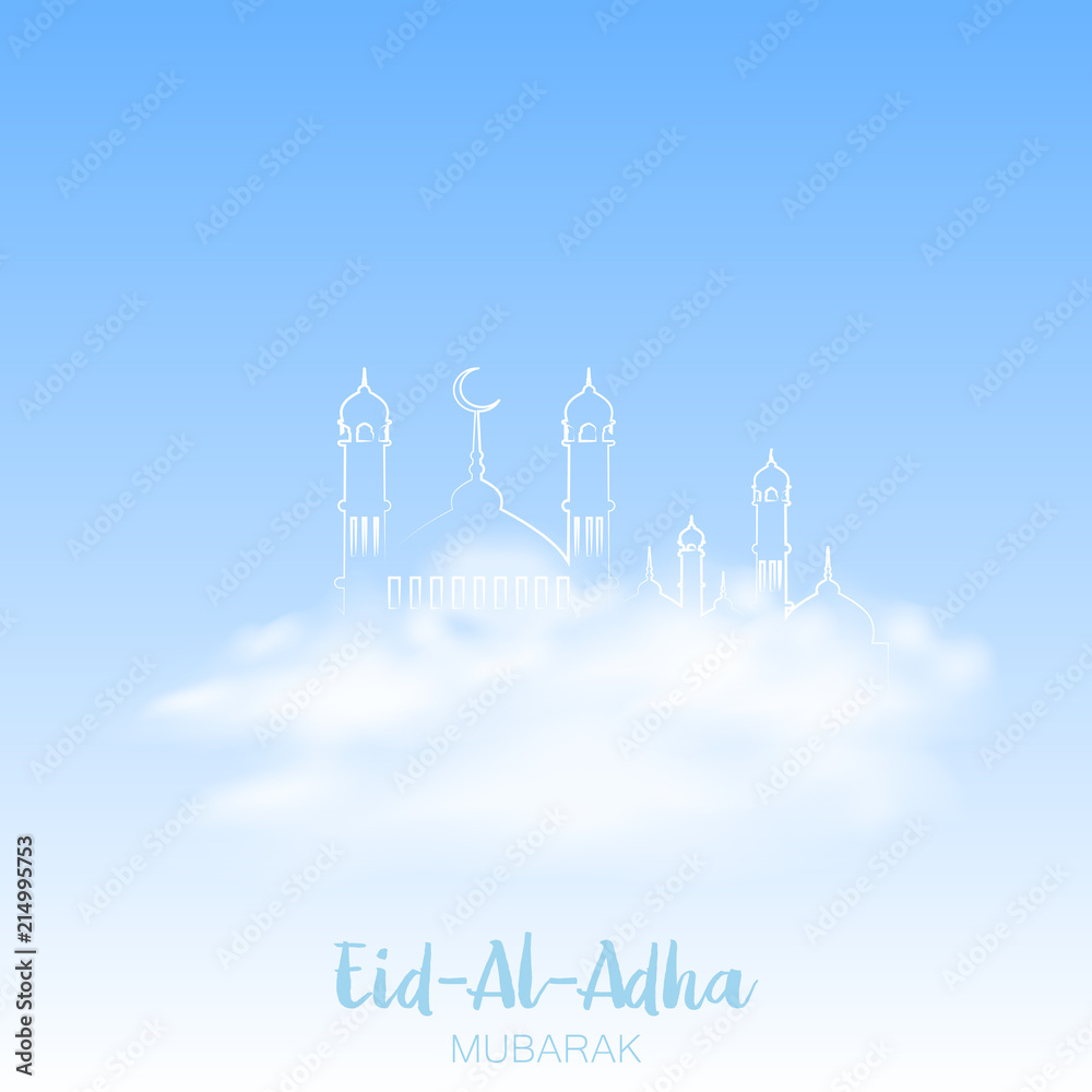 Eid Al Adha Mubarak greeting card with mosque and clouds in sky. Vector