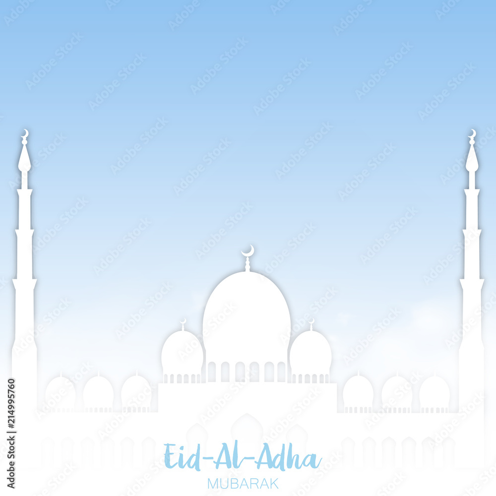 Eid Al Adha Mubarak greeting card with mosque and clouds in sky. Vector