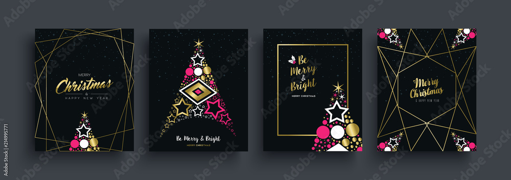Christmas and New Year gold pine tree card set - obrazy, fototapety, plakaty 
