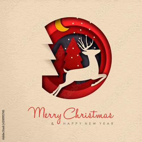 Christmas and New Year paper cut reindeer banner
