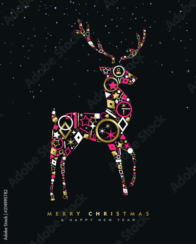 Christmas and New Year deer card made of gold icon