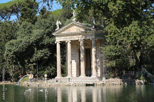Temple of Aeskulap at island in Laghetto di Villa Borghese in Rome, Italy