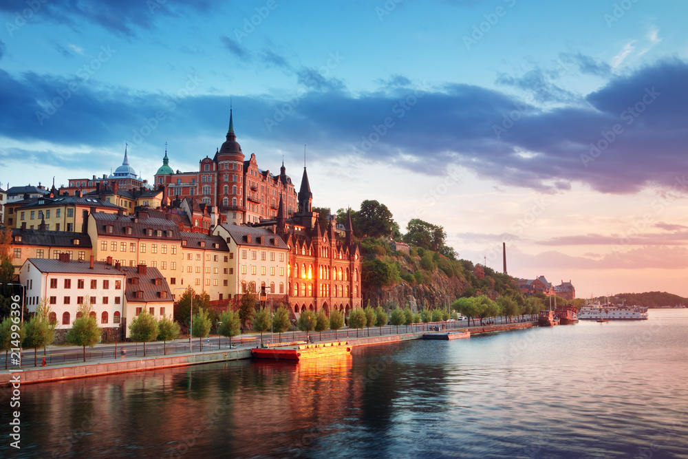 view at Stockholm at night in summer. Sunset with beautiful buildings in the capital of Sweden