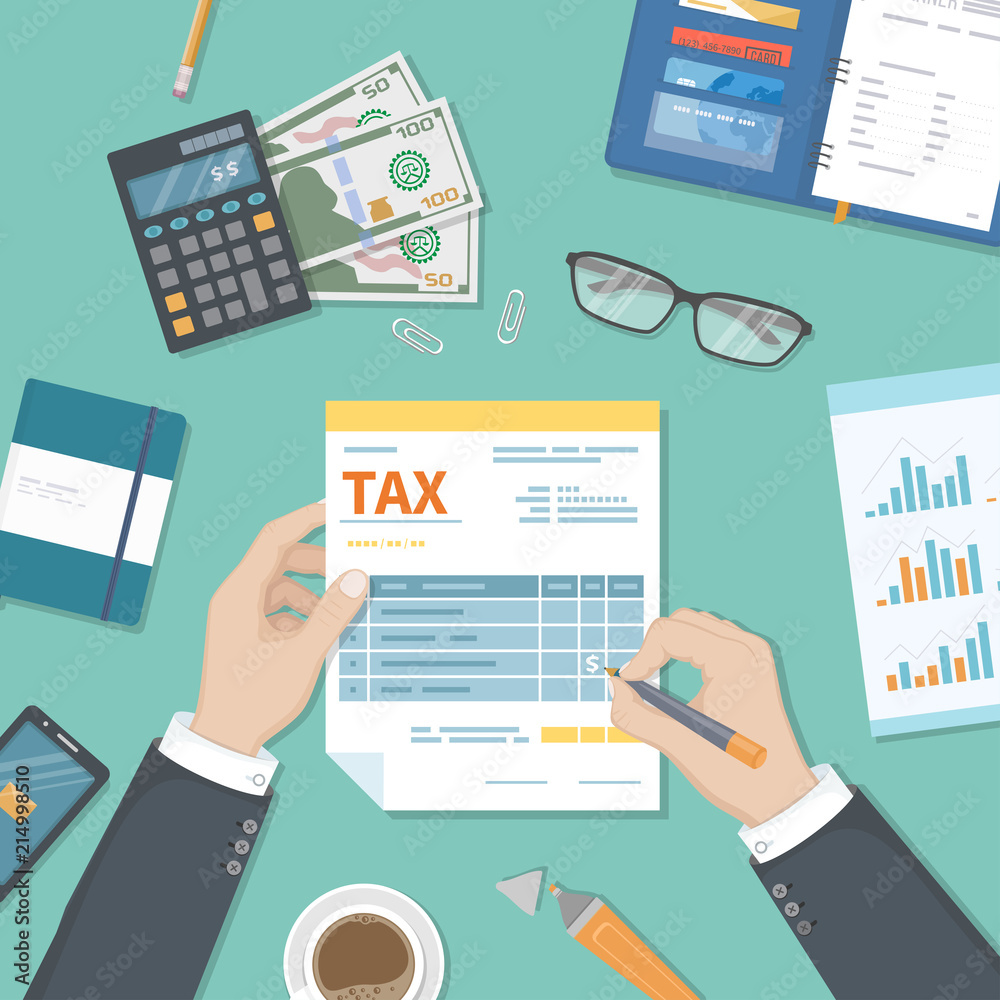 Tax payment concept. State Government taxation, calculation of tax return.  Man fills the tax form, documents, glasses, calculator, notebook. Pay the  bills, invoices, payrolls. Vector illustration. vector de Stock | Adobe  Stock