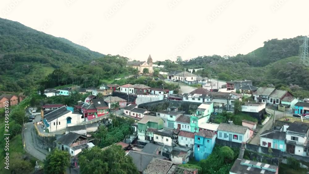 Aerial shot of an old railroad town on hill Aerial shot of an old railroad town on hill
