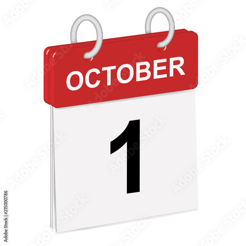 Daily single-leaf calendar, red spine, 3d, month of October, first day, 1st. Vector,illustration