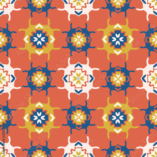 Abstract Geometric Folk Doodle Shapes, Vector Pattern Background Seamless,Hand Drawn Ornament Illustration for Trendy Home Decor, Textiles, Gift Wrap, Fashion Print, Modern Stationery, Red Blue Yellow