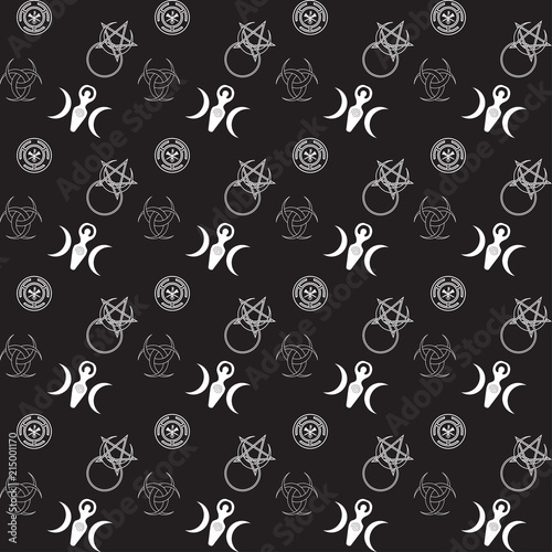Vector seamless pattern for wiccan community: moon goddess, horned god and wiccan sacred symbols.