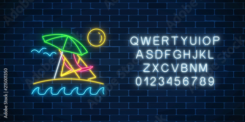 Glowing neon summer sign with umbrella, sun, chaise-longue and alphabet. Shiny summertime symbol.