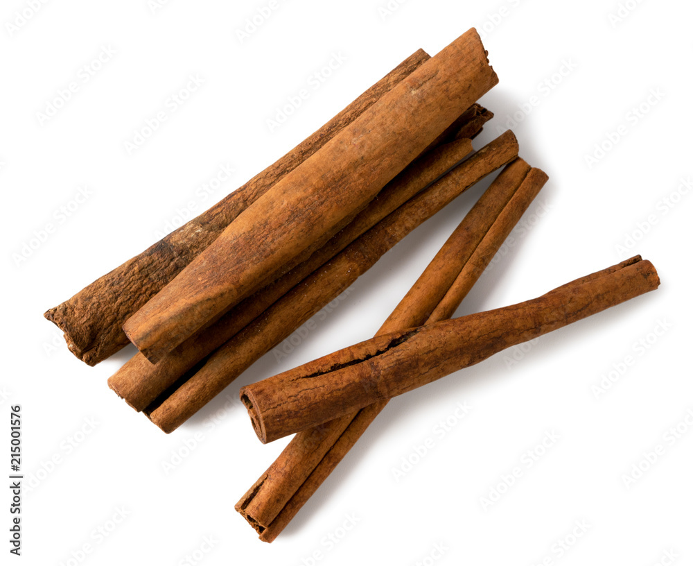 Cinnamon sticks on a white background. The view from the top.
