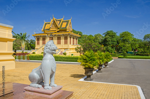 Khemarin Palace and a lion statue at the Royal Palace in Phnom Penh in Cambodia photo