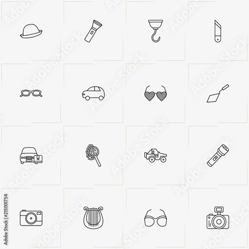 Archeology line icon set with photo camera, hook and magnifier