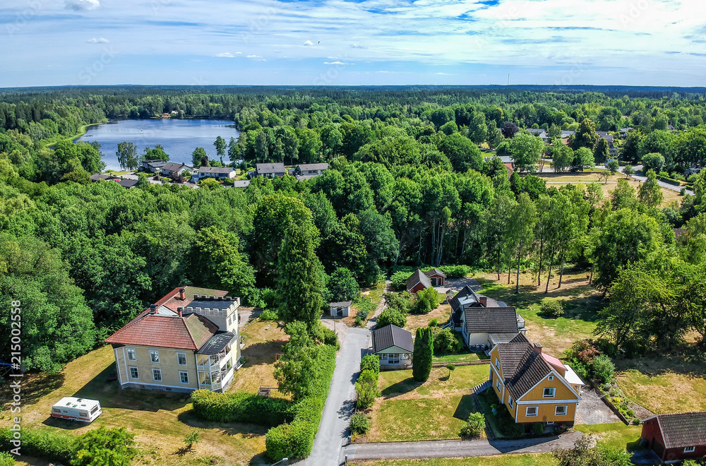 Aerial landscape of Swedish village