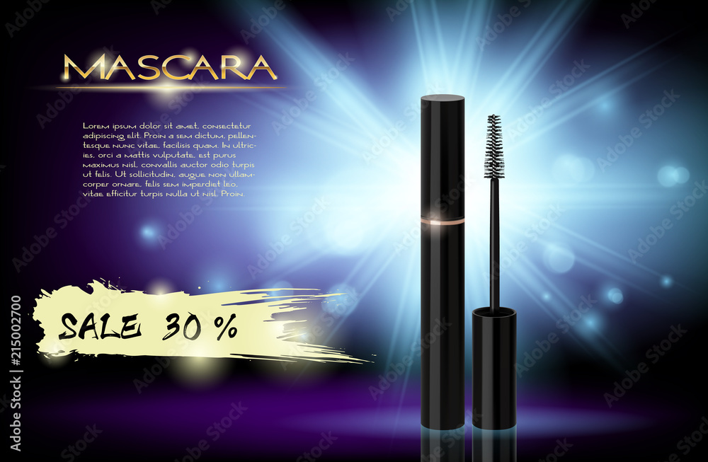 Luxury mascara ads,Realistic vector cosmetic objects, black and gold  package with eyelash applicator brush with mascaras Stock Vector | Adobe  Stock