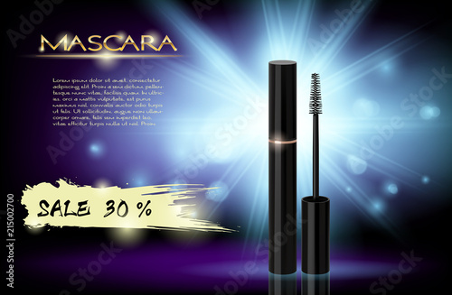 Luxury mascara ads,Realistic vector cosmetic objects, black and gold package with eyelash applicator brush with mascaras 