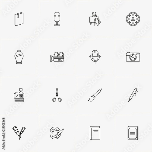 Art line icon set with scissor, palette and microphone