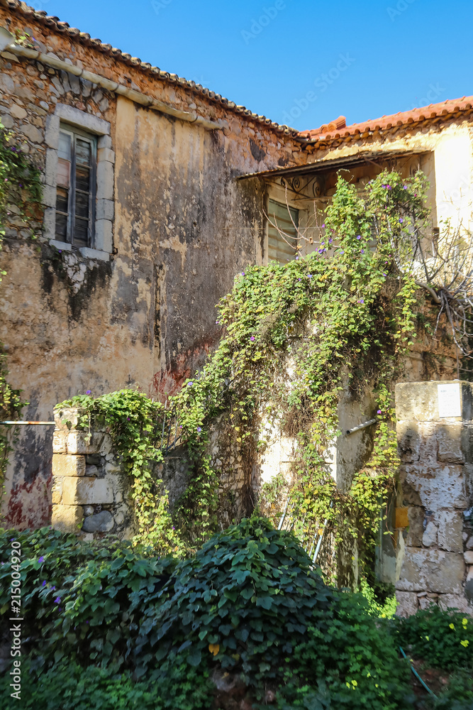 Vines running up an the side of an old two story building in a small Peloponnese village by the sea