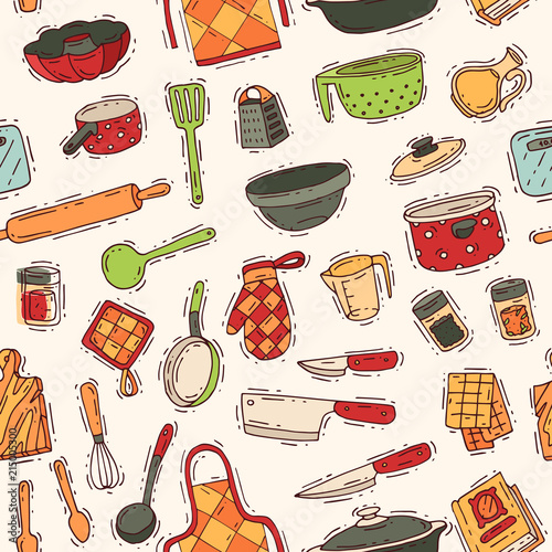 Kitchenware vector cookware for cooking and kitchen utensils or cutlery for kitchener illustration tableware in kitchenette set seamless pattern background