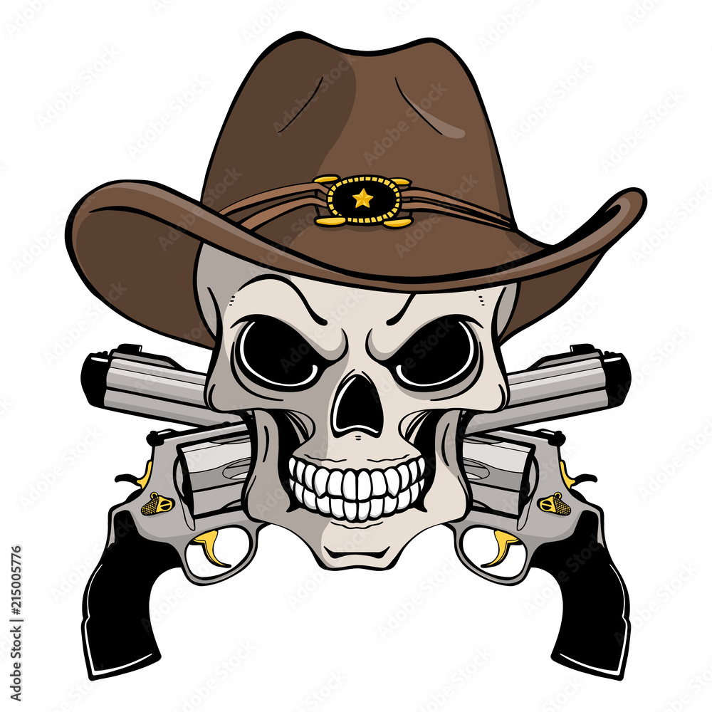 Cowboy skull in a western hat and a pair of crossed guns Cowboy skull in a western hat and a pair of crossed guns