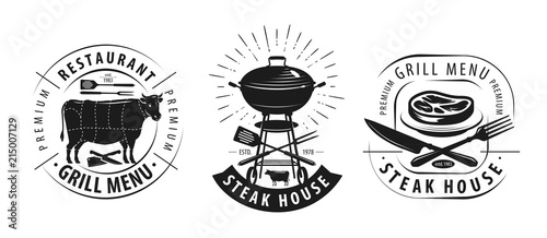 Steak house, barbecue logo or label. Emblems for restaurant menu design. Vector illustration