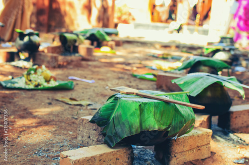 Pongal holiday cooked potted food. India photo