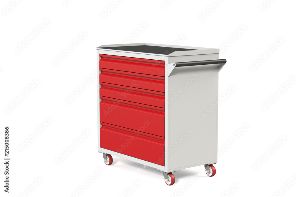 Metal tool cabinet on wheels with drawers. A convenient place for storing tools and spare parts. Metal furniture. 3D-model rendering of the table for shooting from above. Metal tool cabinet on wheels with drawers. A convenient place for storing tools and spare parts. Metal furniture. 3D-model rendering of the table for shooting from above.
