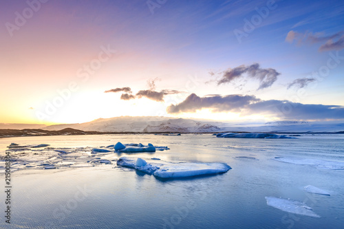 Global warming affects Jokulsarlon glacier lake in Iceland. Sunset during Winter season