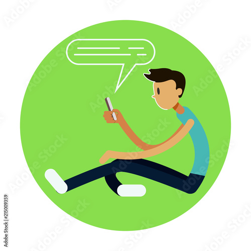 Teen Boy Vector. Young Teen Boy Smiling. Teens Chatting On Messenger. Flat Cartoon Illustration
