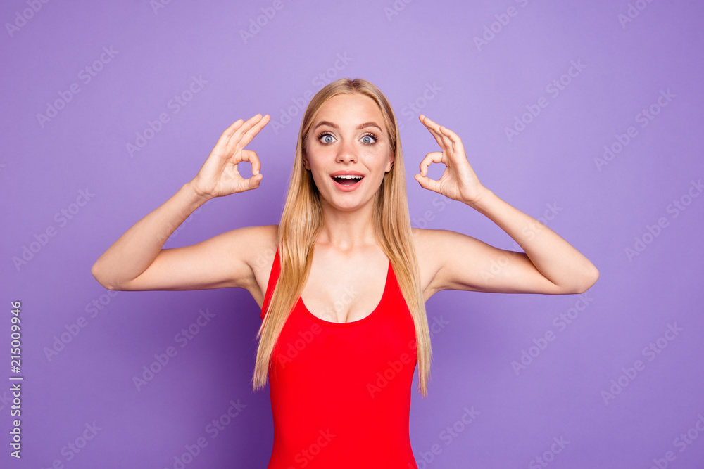 Rear relax hipster long blond hairdo big eyes wondering happiness people person concept. Photo portrait of pretty fancy cute lady making ok symbol isolated vivid background Rear relax hipster long blond hairdo big eyes wondering happiness people person concept. Photo portrait of pretty fancy cute lady making ok symbol isolated vivid background