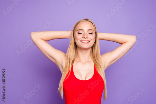 Tourist trip holidays weekend people person concept. Close up photo portrait of beautiful glad carefree pretty with long hairstyle lady holding hands behind head closed eyes isolated bright background