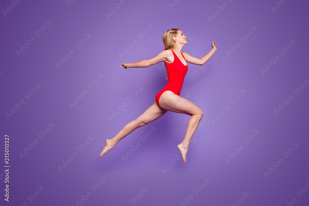 I'm going to you my summer holidays! Full length size studio photo portrait of pretty cute cheerful rejoicing charming lady isolated on color purple vivid bright background
