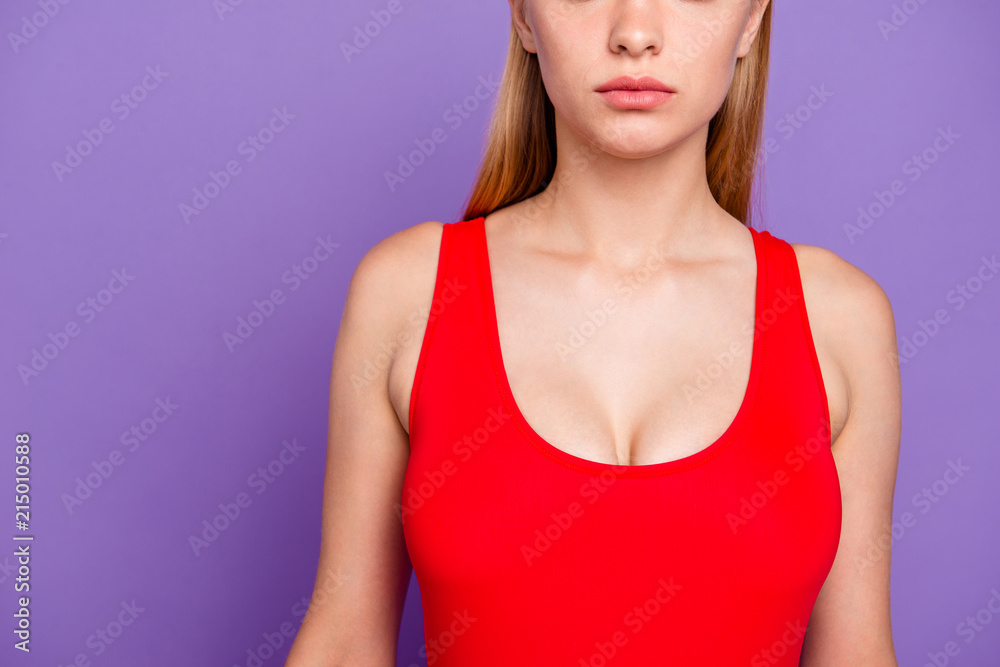 Cropped close up view photo portrait of beautiful attractive woman's body part wearing bright red clothing isolated vivid shiny background copy space Cropped close up view photo portrait of beautiful attractive woman's body part wearing bright red clothing isolated vivid shiny background copy space
