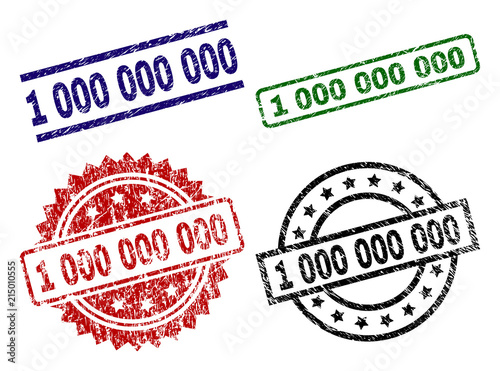 1 000 000 000 seal stamps with corroded texture. Black, green,red,blue vector rubber prints of 1 000 000 000 tag with corroded texture. Rubber seals with round, rectangle, medal shapes.