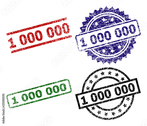 1 000 000 seal prints with corroded style. Black, green,red,blue vector rubber prints of 1 000 000 title with scratched texture. Rubber seals with round, rectangle, medallion shapes.