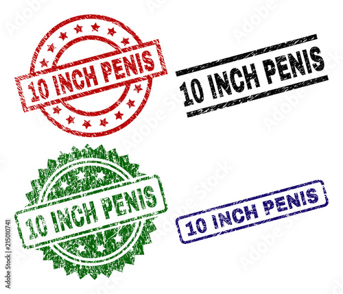 10 INCH PENIS seal prints with distress texture. Black, green,red,blue vector rubber prints of 10 INCH PENIS title with grunge texture. Rubber seals with round, rectangle, medallion shapes.